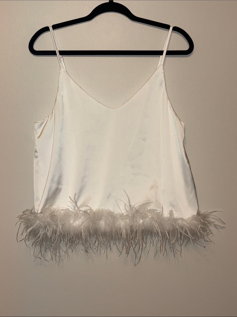 ENTRO  Satin Cami in Soft White with Feather Trim. Size Med